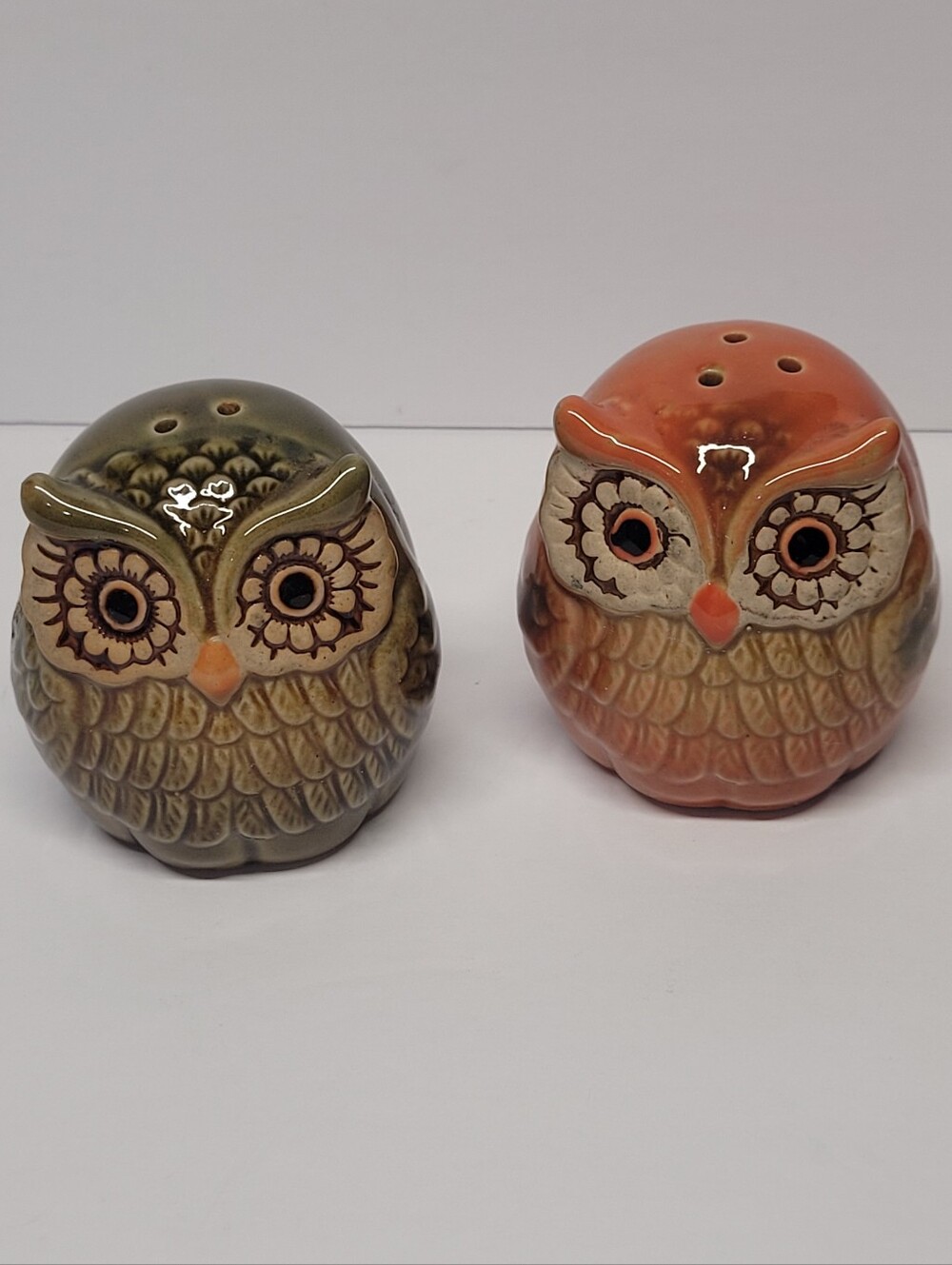 Vintage Ceramic Owl Salt and Pepper Shaker Set - Green and Orange